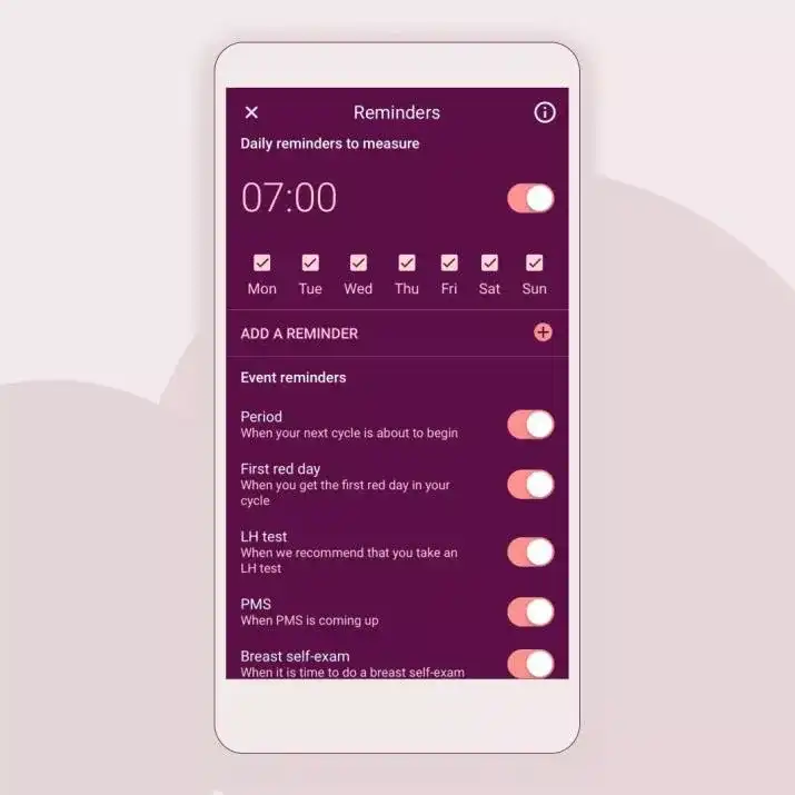 Natural Cycle app’s interface for Reminders